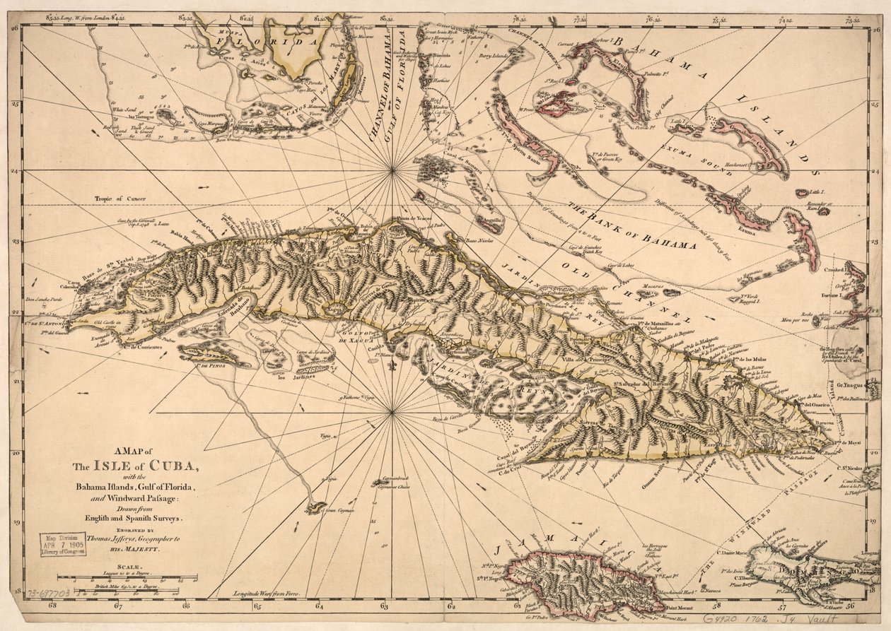 Mapa ostrova Kuba s Bahamskými ostrovy, Floridským zálivem a Závětrným průlivem - podle anglických a španělských map. LOC 73697703 od Thomas Jefferys