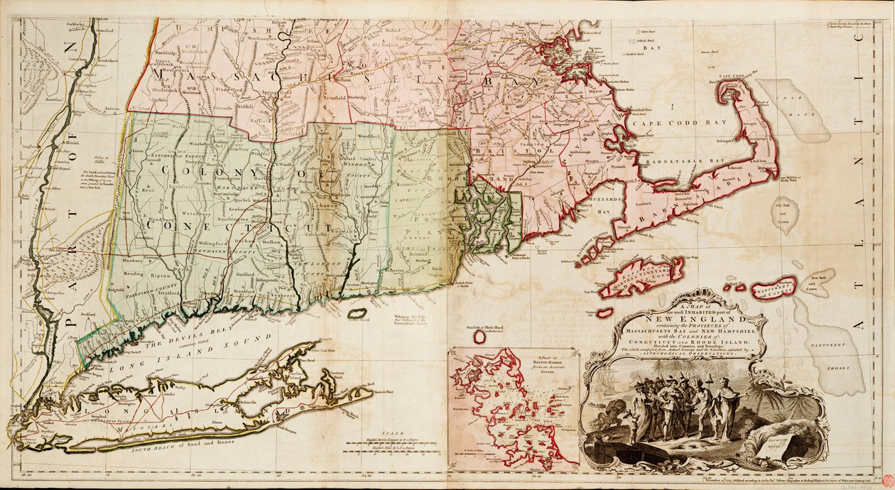 Mapa nejobydlenější části Nové Anglie s provinciemi Massachusetts Bay a New Hampshire a koloniemi Connecticut a Rhode Island. od Thomas Jefferys