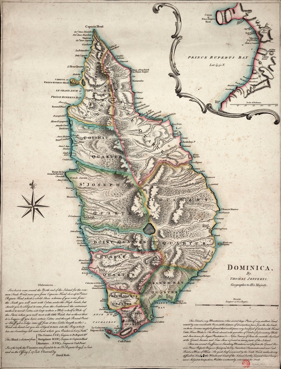 Barevná mapa Dominiky s podrobnými zeměpisnými poznámkami, cca 1760 (ručně kolorovaná rytina) od Thomas Jefferys