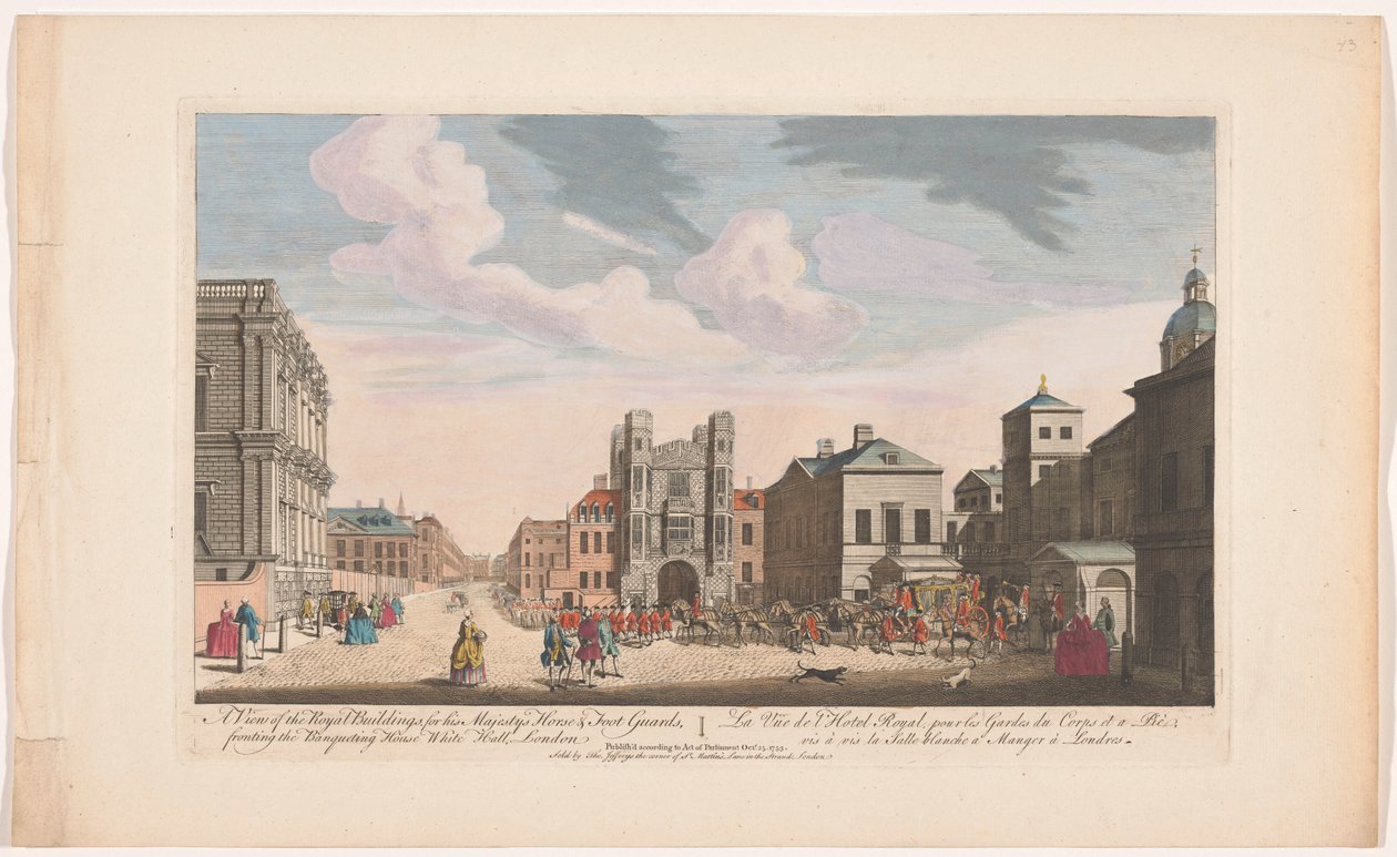 Gezicht op het Banketing House a budova Horse Guards v Londýně Pohled na královské budovy pro koňské a pěší stráže Jeho Veličenstva před Banqueting House White Hall, Londýn (název na objektu) od Thomas Jefferys