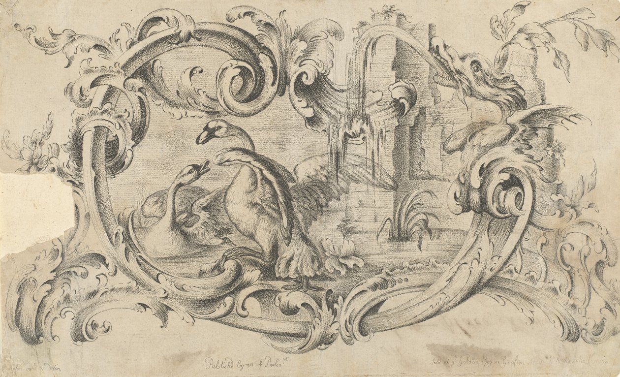 Design pro tablet pro komín se dvěma labutěmi v boji, uzavřený ve svitku..., 1762. od Thomas Johnson