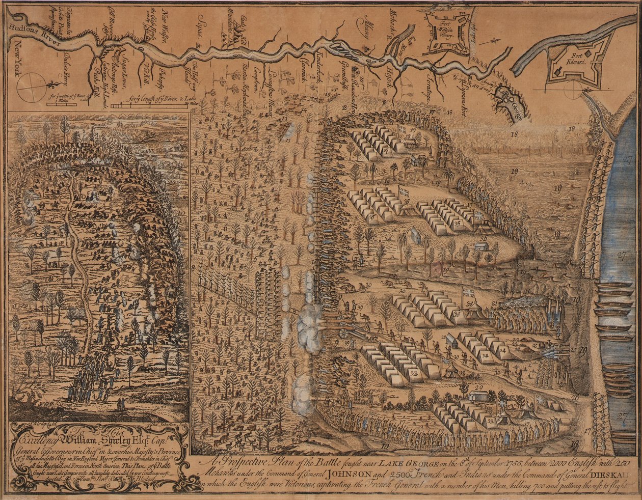 Výhledový plán bitvy u jezera George 8. září 1755 od Thomas Johnston