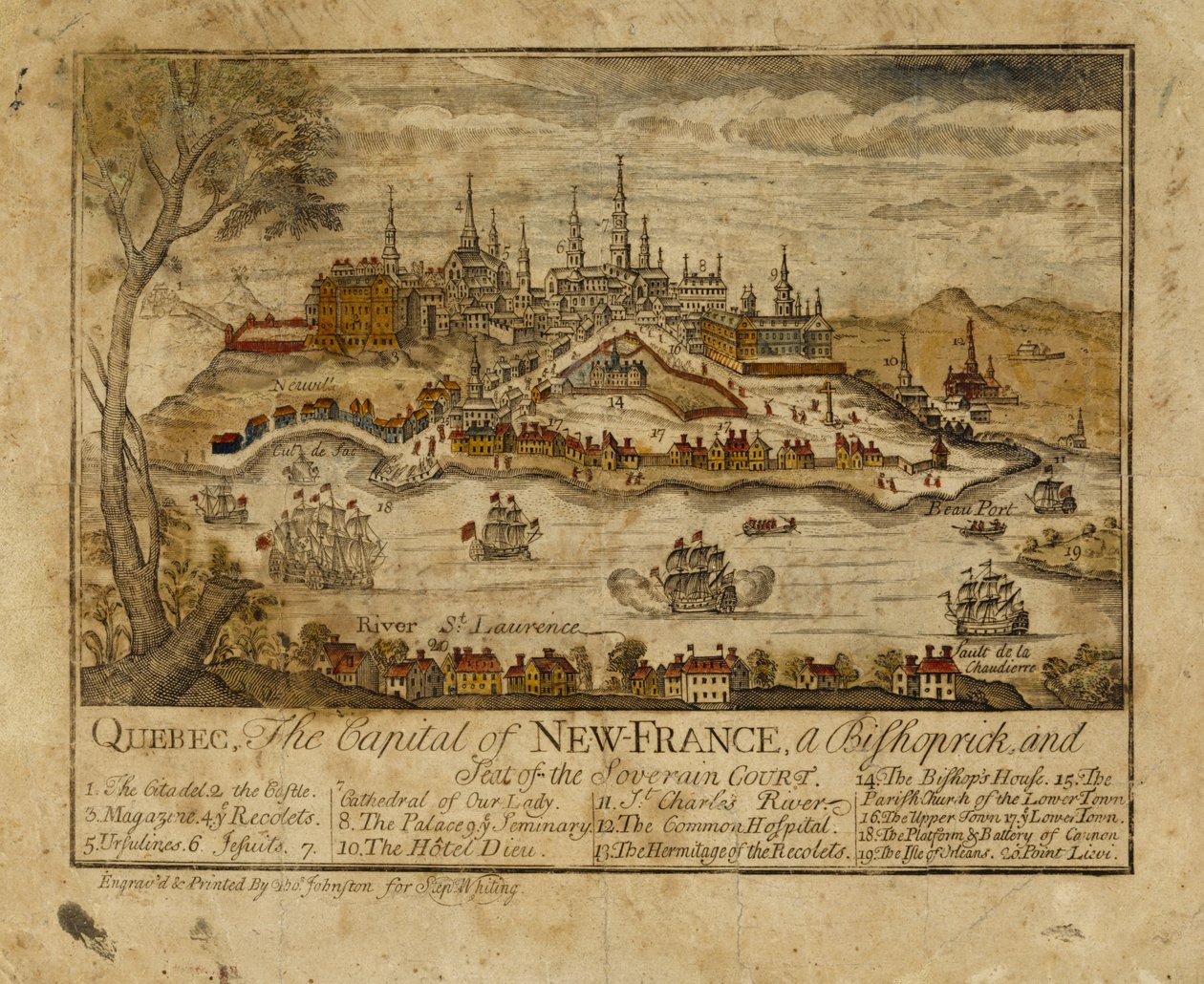 Quebec, hlavní město Nové Francie, biskupství a sídlo panovnického soudu, 1759 (ručně kolorovaná rytina) od Thomas Johnston