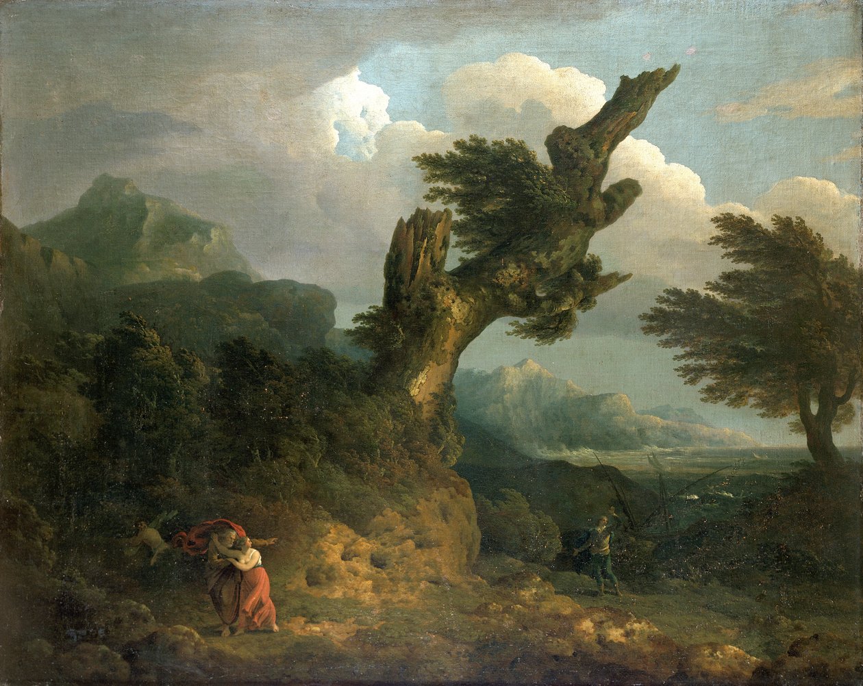 „Bouře“ – Prospero, Miranda a Kalibán špehovají ztroskotaného Ferdinanda, 1778 od Thomas Jones