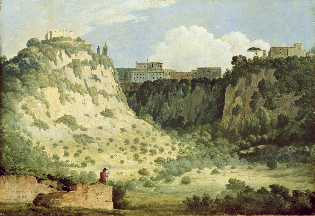 Pohled na chrám Diany, Nemi, s pastýřem v popředí, 1785 od Thomas Jones