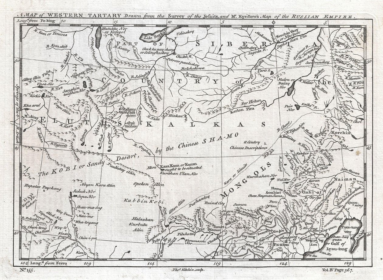 Mapa Západního Tartárska podle jezuitského průzkumu a mapy Ruské říše od pana Kyrillova. od Thomas Kitchin