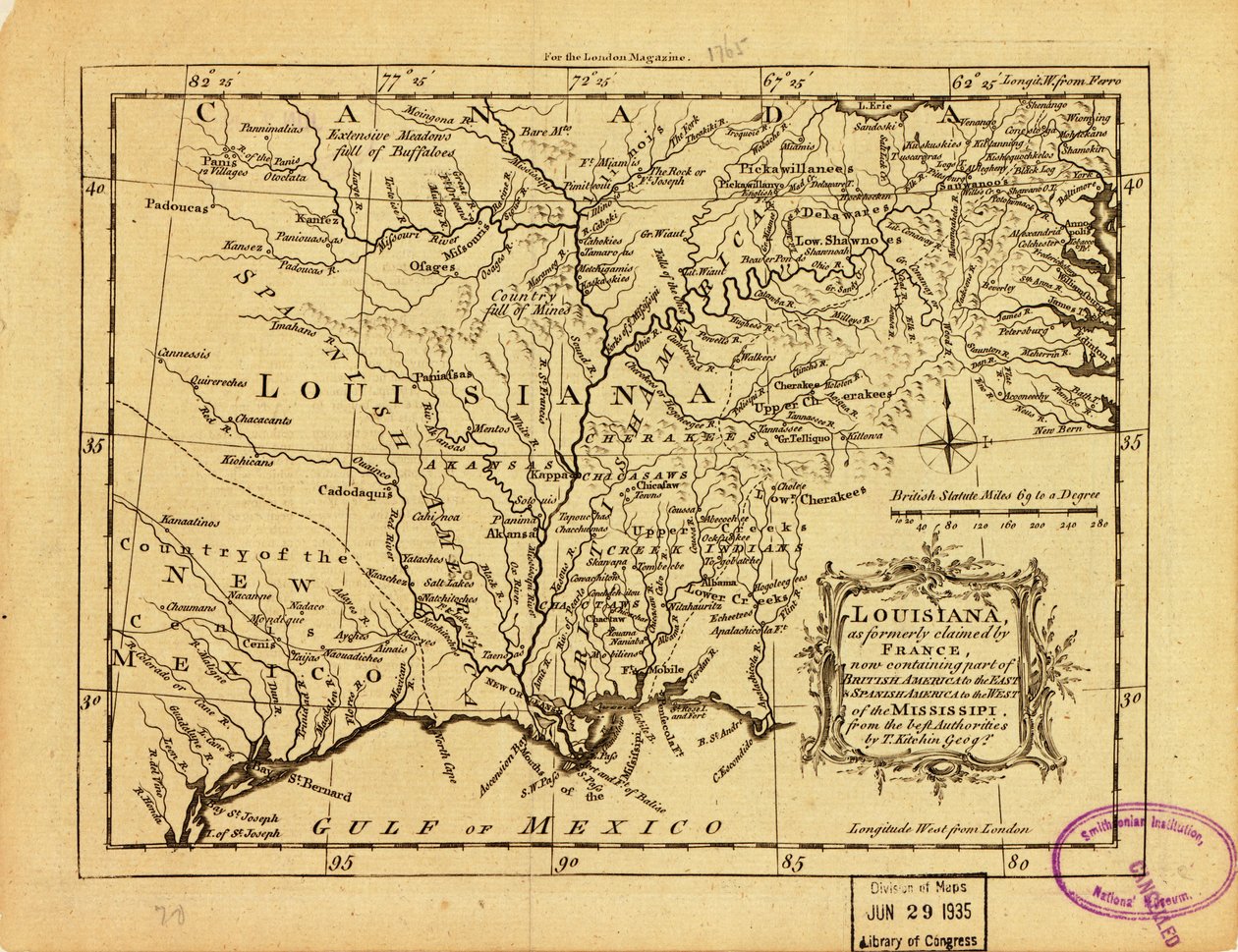 Louisiana, na kterou si dříve činila nárok Francie a která nyní zahrnuje část Britské Ameriky na východě a Španělské Ameriky na západě od Mississippi. LOC 77690498 od Thomas Kitchin
