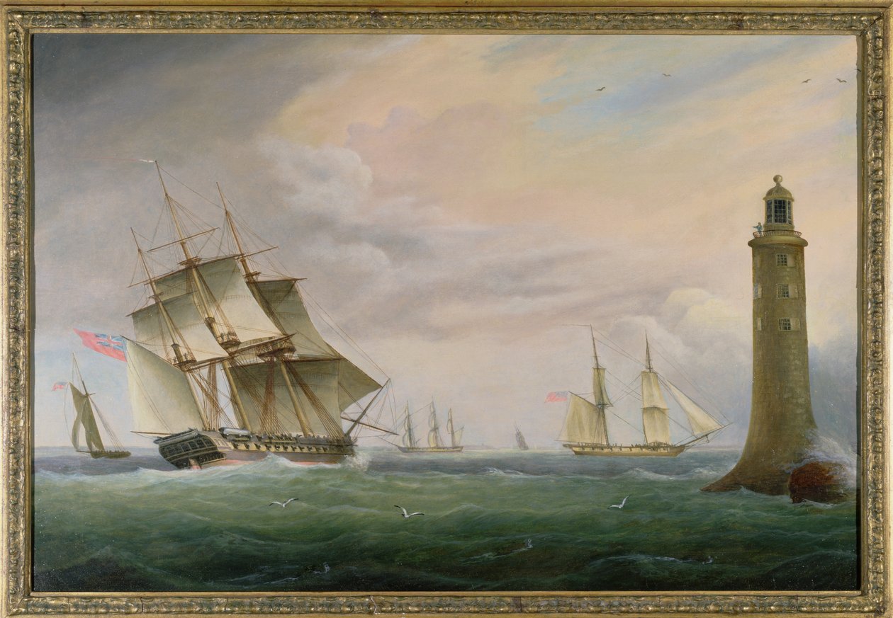 Fregata a námořní brigáda kolem Eddystone Lighthouse od Thomas L. Hornbrook