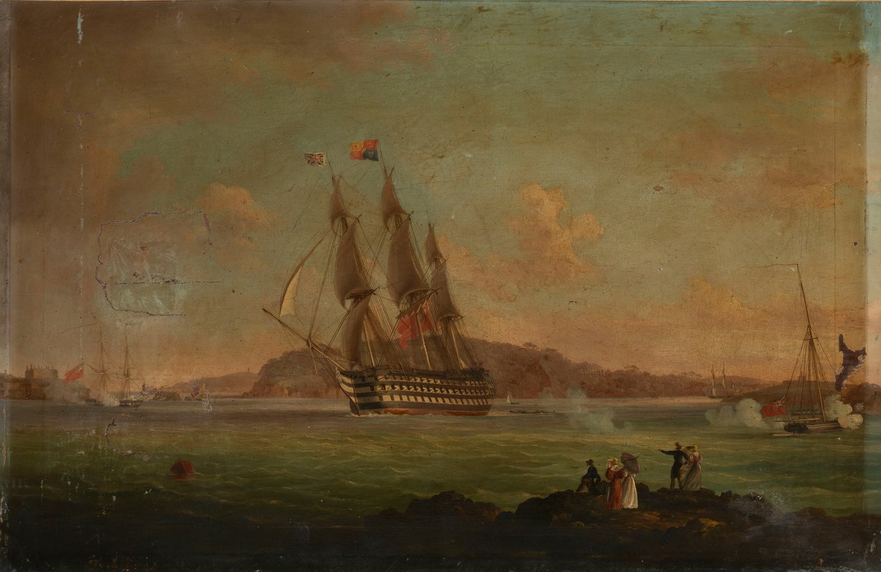 HMS "Britannia" plující z Hamoaze do Plymouth Sound, s vévodou z Clarence na palubě jako lordem vrchním admirálem, 27. července 1828, asi 1828 (olej na plátně) od Thomas L. Hornbrook