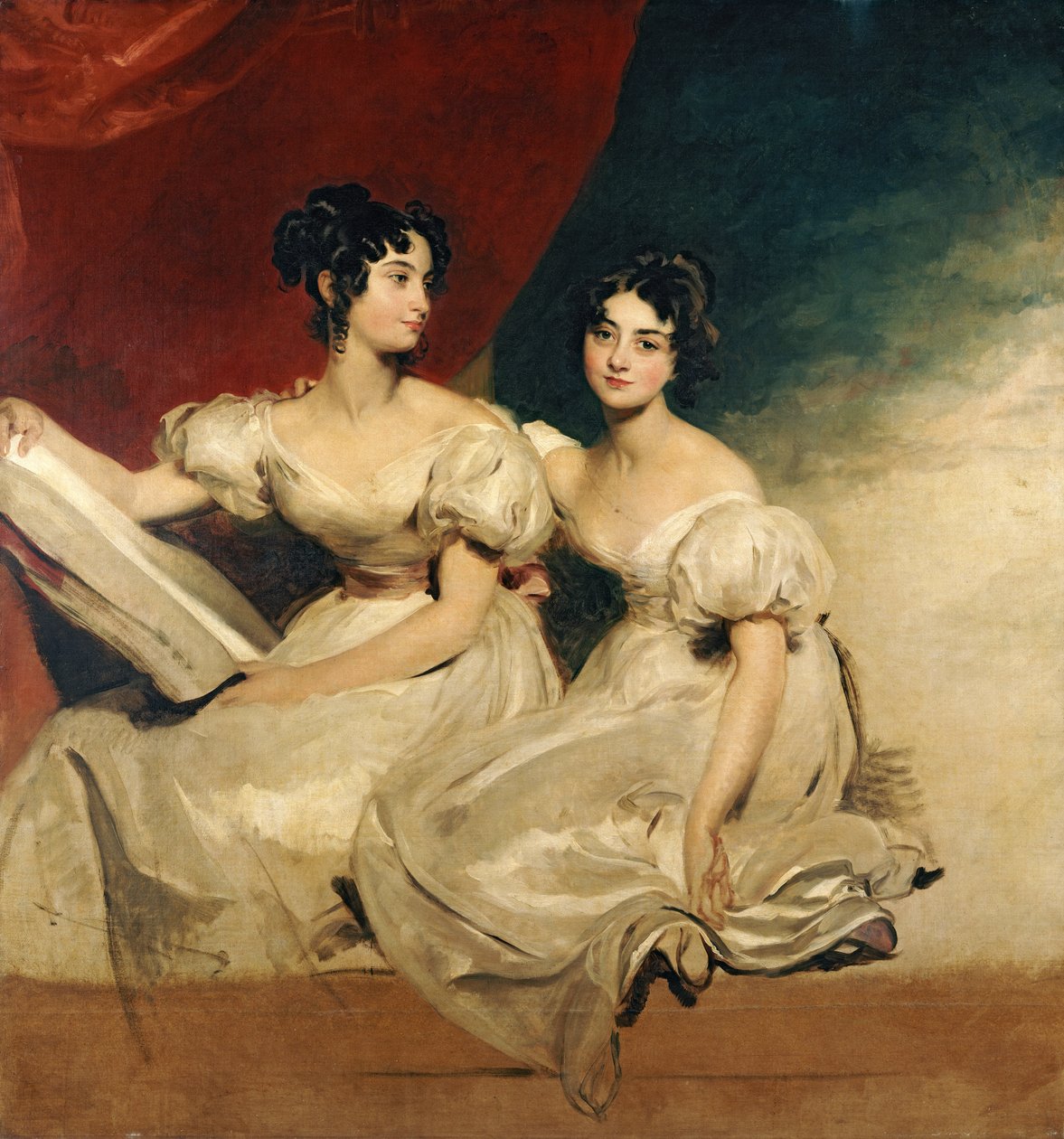 Dvojportrét sester Fullertonových, sedících po celé délce, v bílých šatech, kolem roku 1825 od Thomas Lawrence