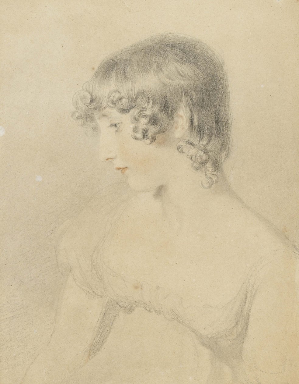 Bustový portrét Susan Bloxamové, otočený z profilu doleva, 1818 (černá křída, dotčená červenou křídou a lehce naražená na bílé kartě, vybledlé hnědé) od Thomas Lawrence