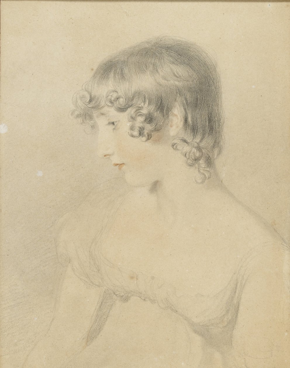 Bustový portrét Susan Bloxamové, otočený z profilu doleva, 1818 (černá křída, dotčená červenou křídou, lehce naražená na bílé kartě s hnědou barvou) od Thomas Lawrence