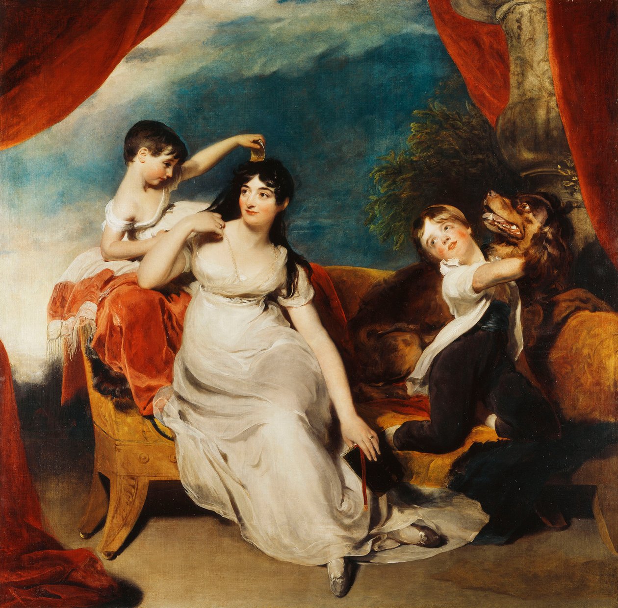 Skupinový portrét paní Henry Baringové a jejích dvou dětí a velkého psa, krajina za hranicemi, cca 1817-1824 od Thomas Lawrence