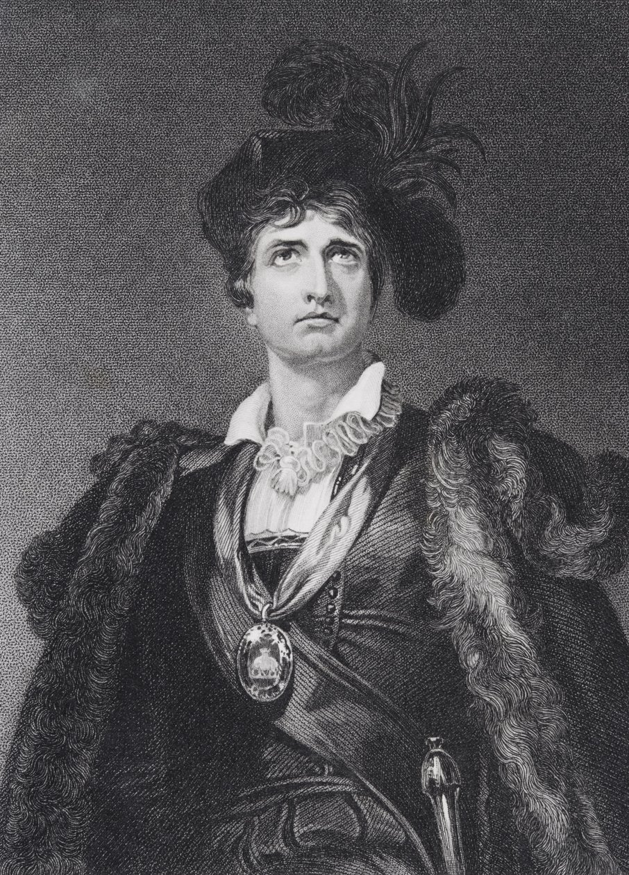 John Philip Kemble jako Hamlet, vyryl G. Adcock od Thomas Lawrence