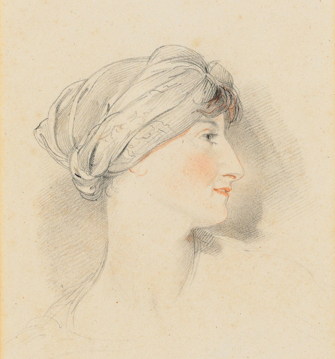 Portrét hlavy paní Jens Wolffové, z profilu vpravo, v turbanu (tužka, černá a červená křída) od Thomas Lawrence
