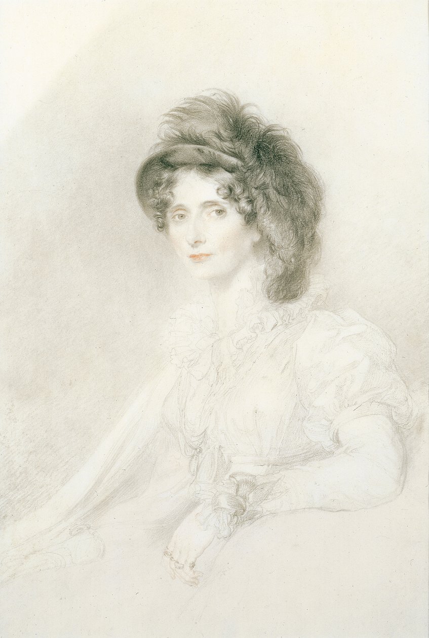 Portrét Alžběty, vévodkyně z Devonshire (1758-1824), sedící, polodlouhá, na hlavě velký opeřený klobouk (tužka, černá a červená křída na papíře) od Thomas Lawrence