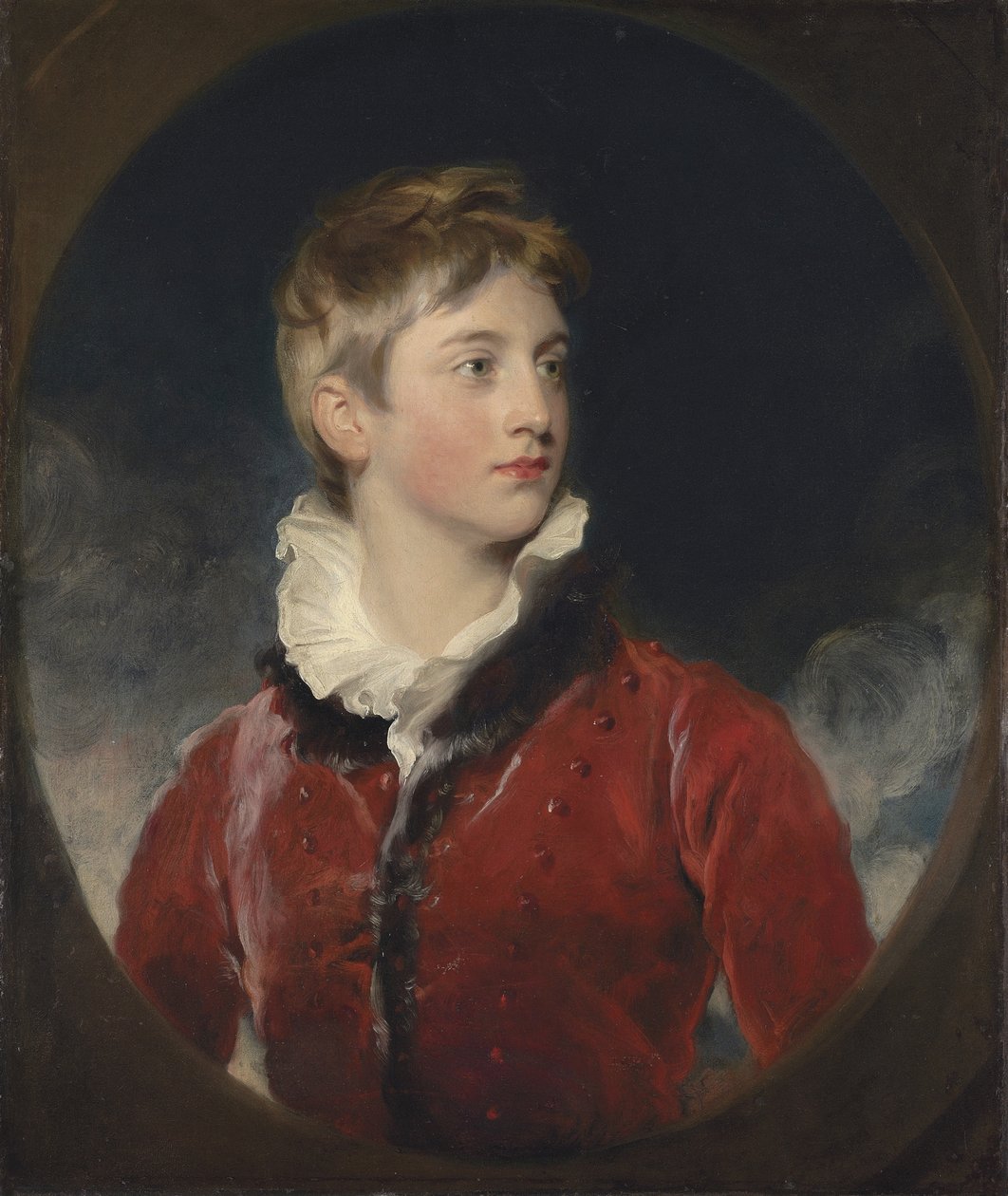 Portrét Fredericka Williama Stewarta, 4. markýze z Londonderry, K.P., M.P. (1805-1872), kdy chlapec, polodlouhý, v červeném kabátě, v předstíraném oválu (olej na plátně) od Thomas Lawrence