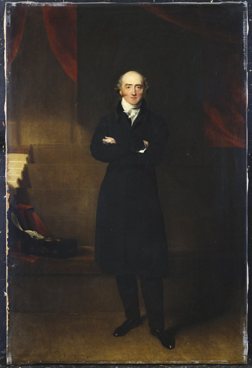 Portrét George Canninga, po celé délce, stojícího v černém kabátě v interiéru se založenýma rukama od Thomas Lawrence