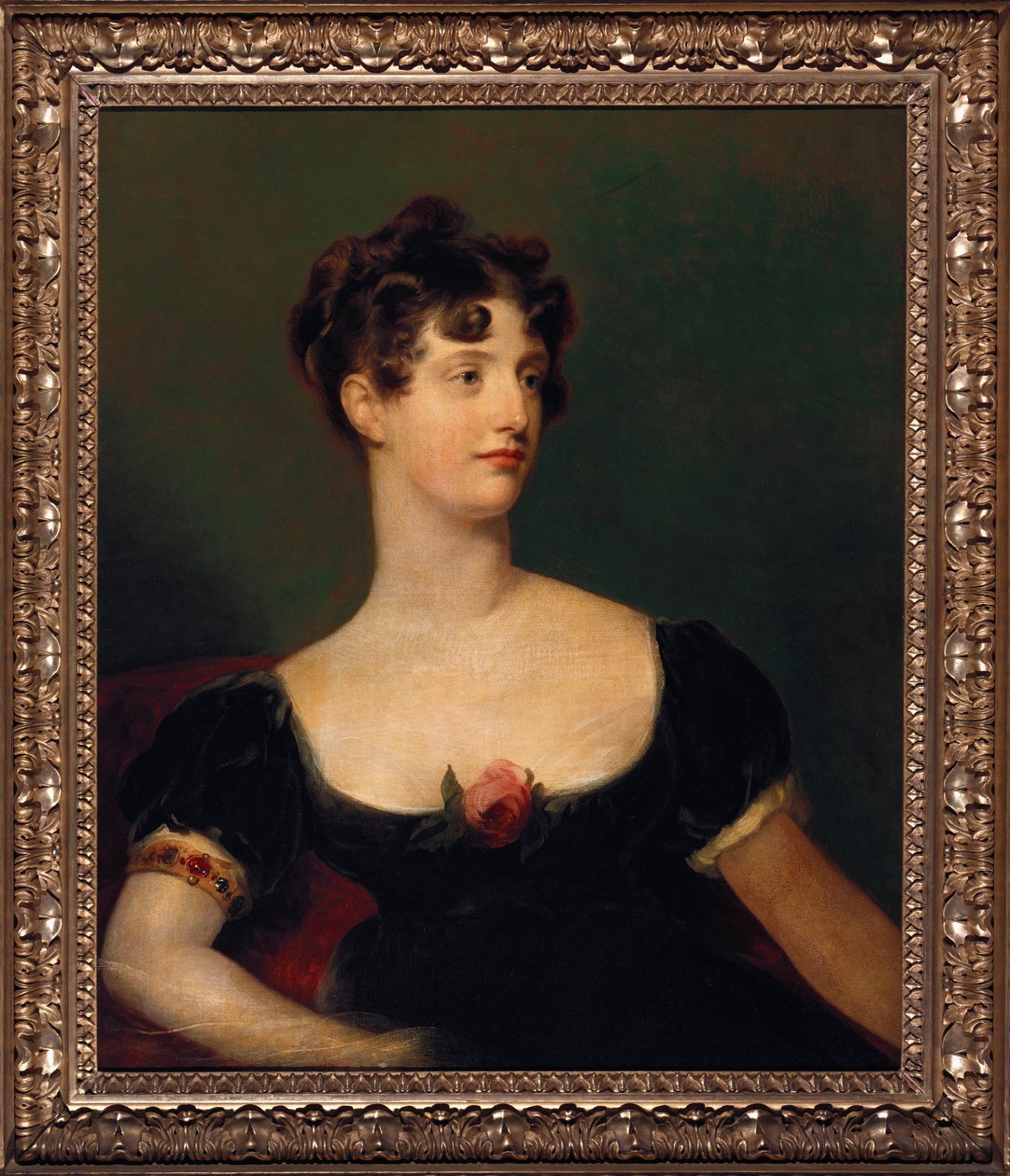 Portrét lady Beresfordové, sedící, poloviční v černých šatech zdobených růží od Thomas Lawrence