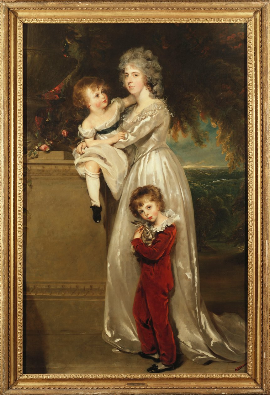 Portrét paní Annesleyové stojící po celé délce v bílých šatech se svými dvěma dětmi od Thomas Lawrence