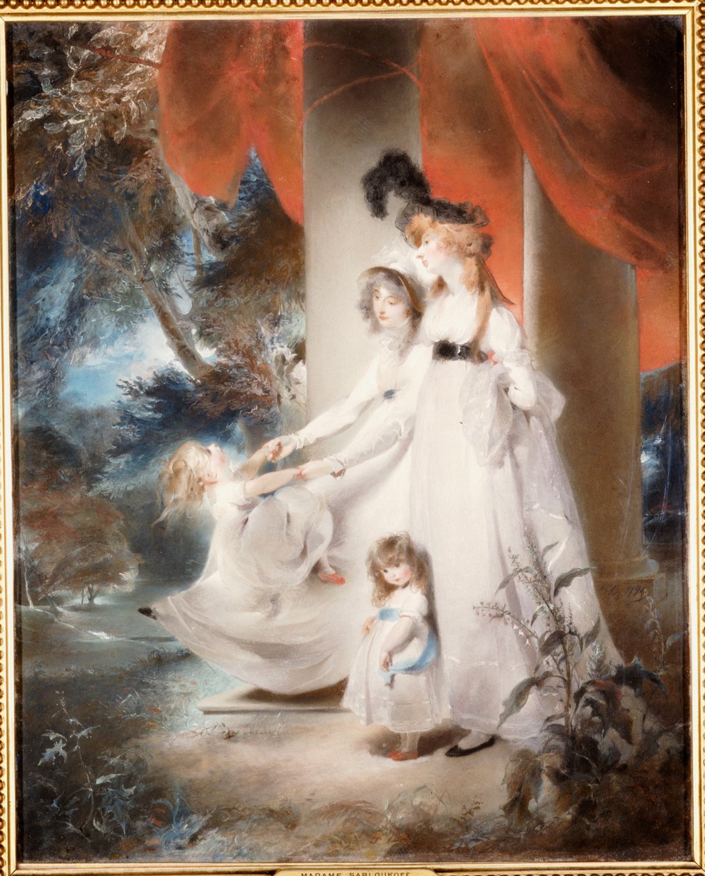 Portrét paní Ayscoghe Boucherett se svými dvěma nejstaršími dětmi, Emilií a Ayscoghe, a její nevlastní sestrou Julianou Angerstein, později Madame Sabloukoff, v zahradě od Thomas Lawrence