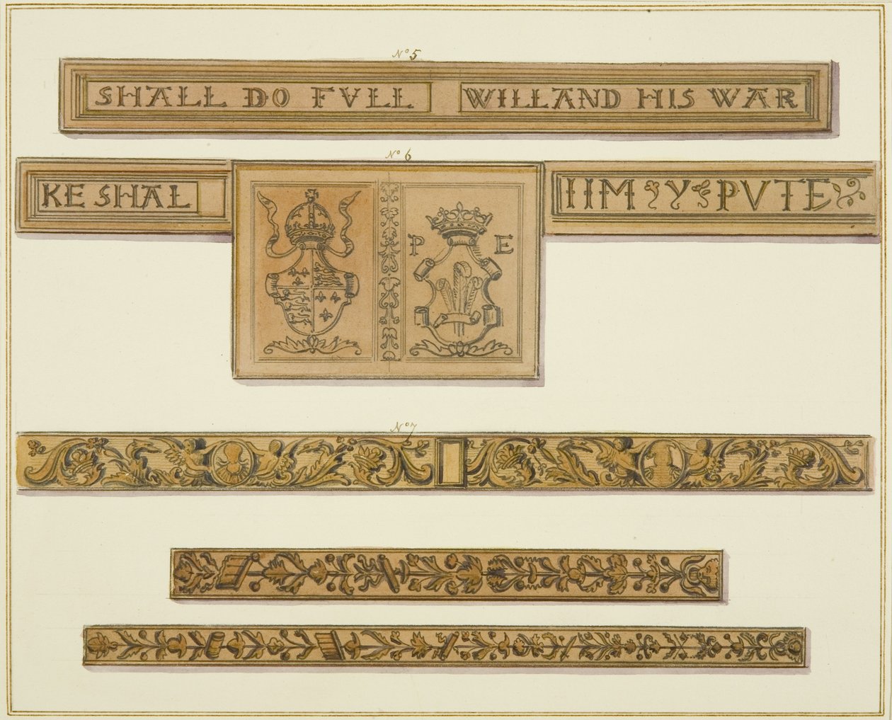 Vyřezávané vlysy a erby z 46 Baldwin Street (akvarel na papíře) od Thomas Leeson the Elder Rowbotham