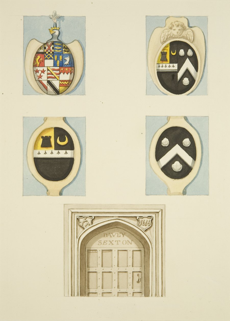 Erby a parapety nad dveřmi na Sextonově domě ve Whitson Court (tužka a akvarel na papíře) od Thomas Leeson the Elder Rowbotham