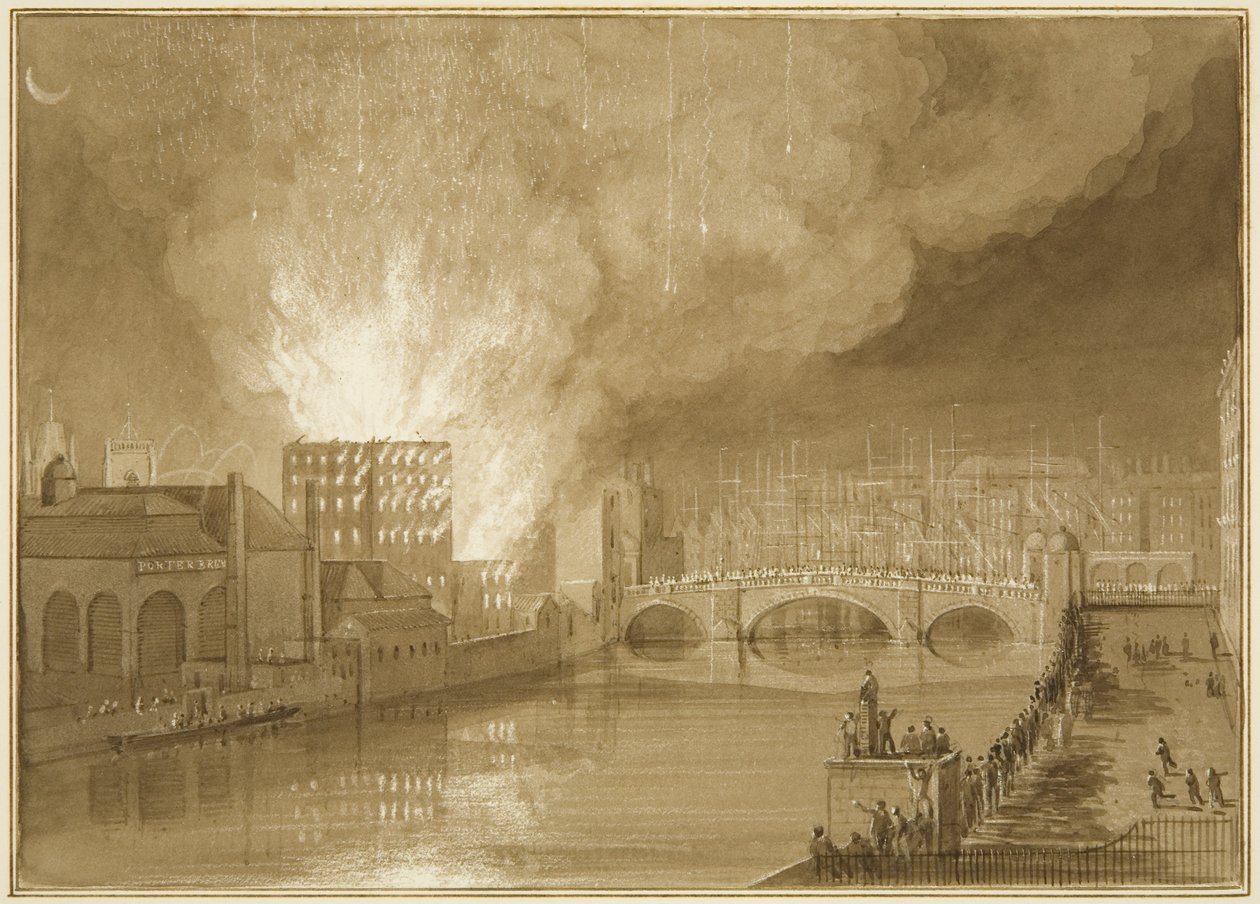 Požár na Old Sugar House, Tucker Street od Thomas Leeson the Elder Rowbotham