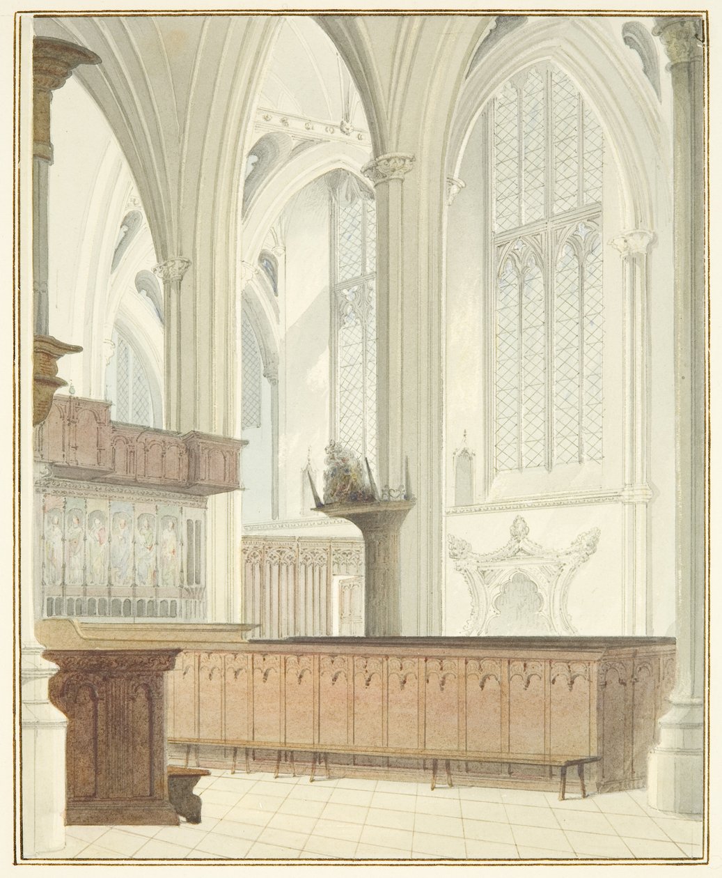 Interiér bristolské katedrály, poblíž Varhany (akvarel na papíře) od Thomas Leeson the Elder Rowbotham