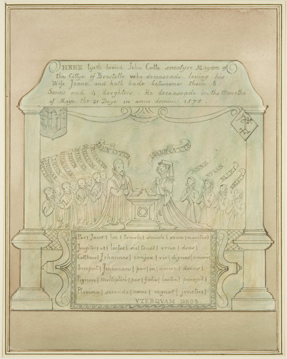 Nástěnná deska Johna Cuttea v Burnett Church od Thomas Leeson the Elder Rowbotham
