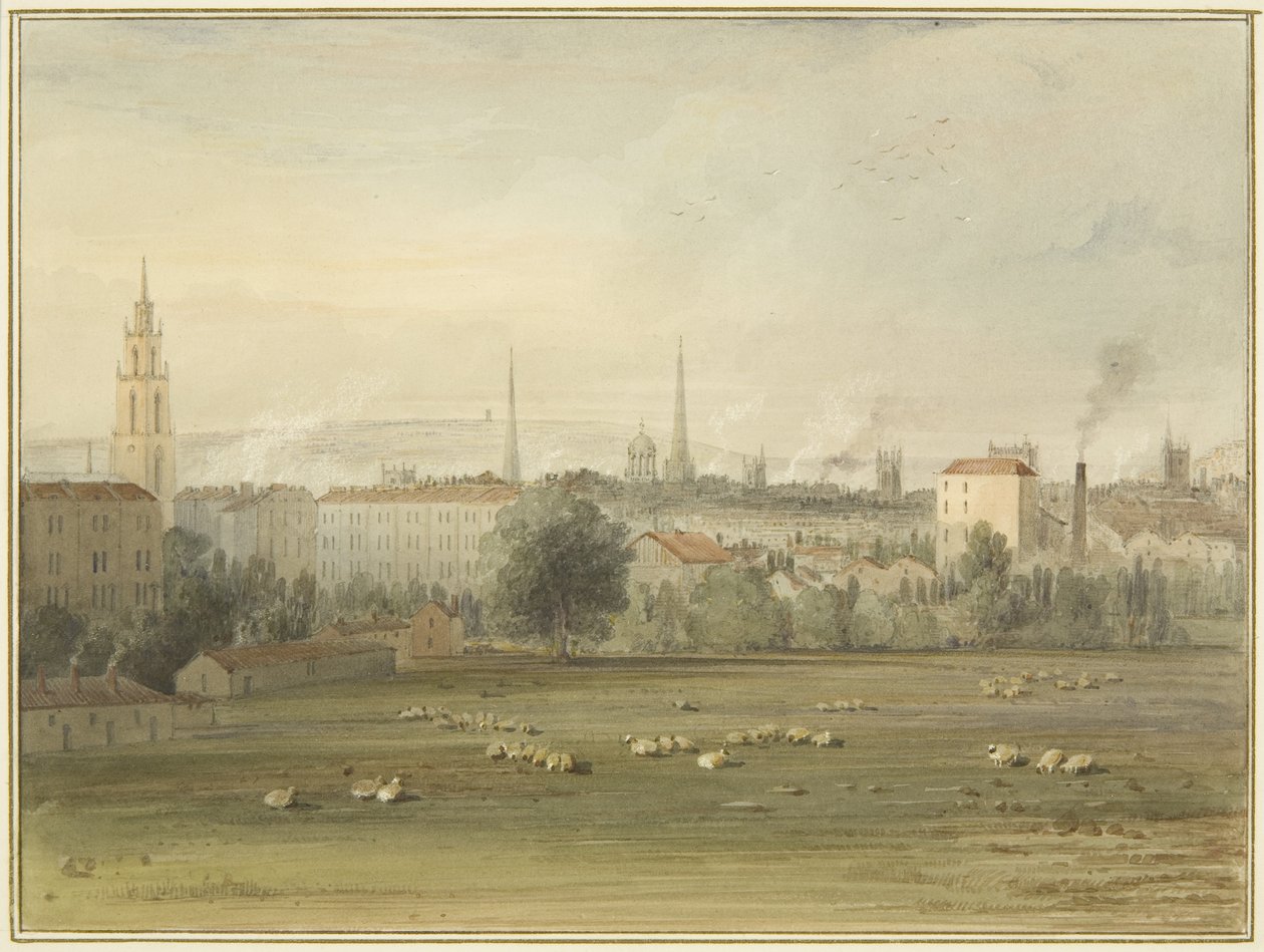 Nedaleko Stokes Croft s výhledem na panorama Bristolu (místo výstupu balonu Sadlera a Clayfielda v roce 1810) od Thomas Leeson the Elder Rowbotham