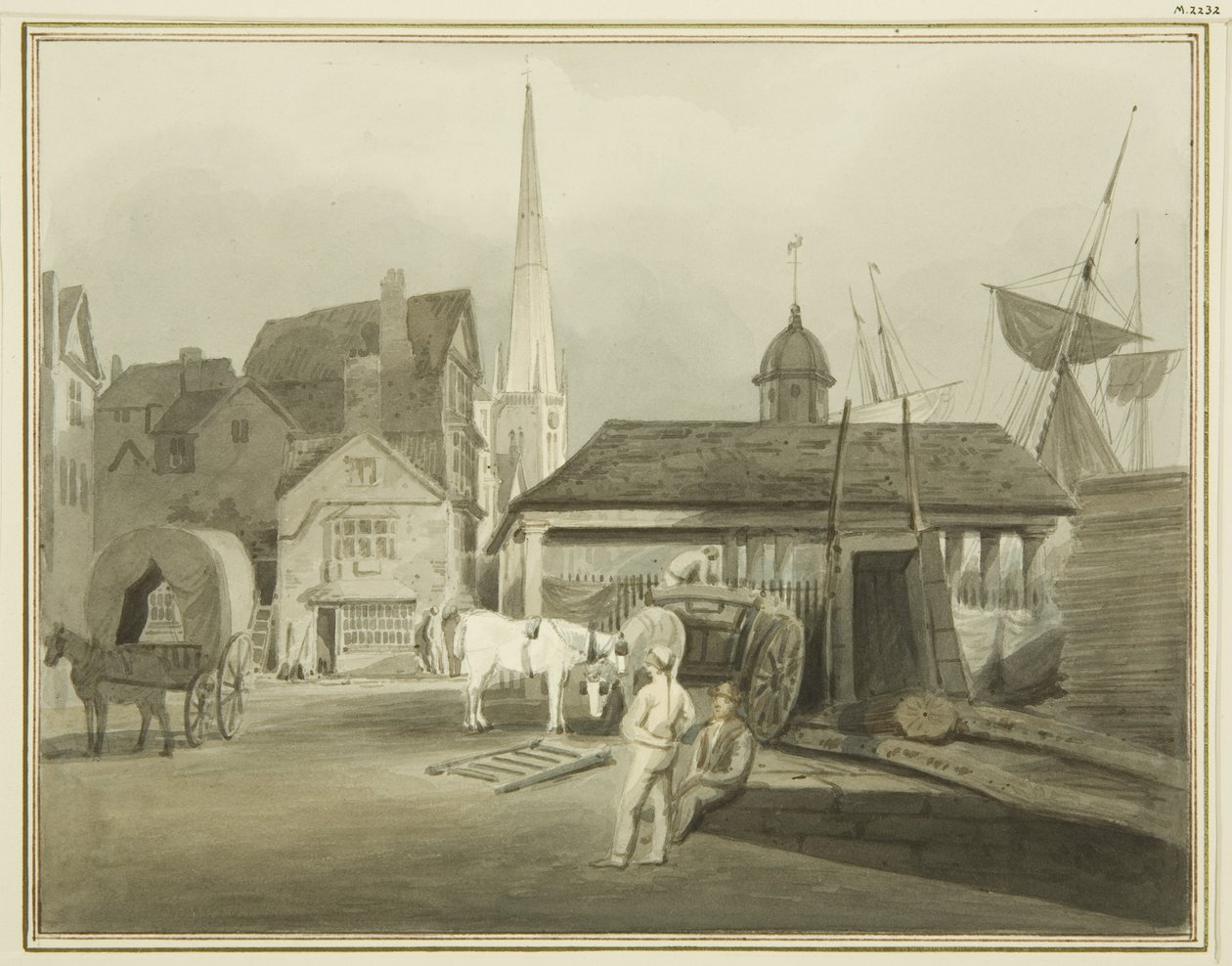 Severovýchodní konec King Street, zobrazující velšský trh v roce 1802 (akvarel na papíře) od Thomas Leeson the Elder Rowbotham