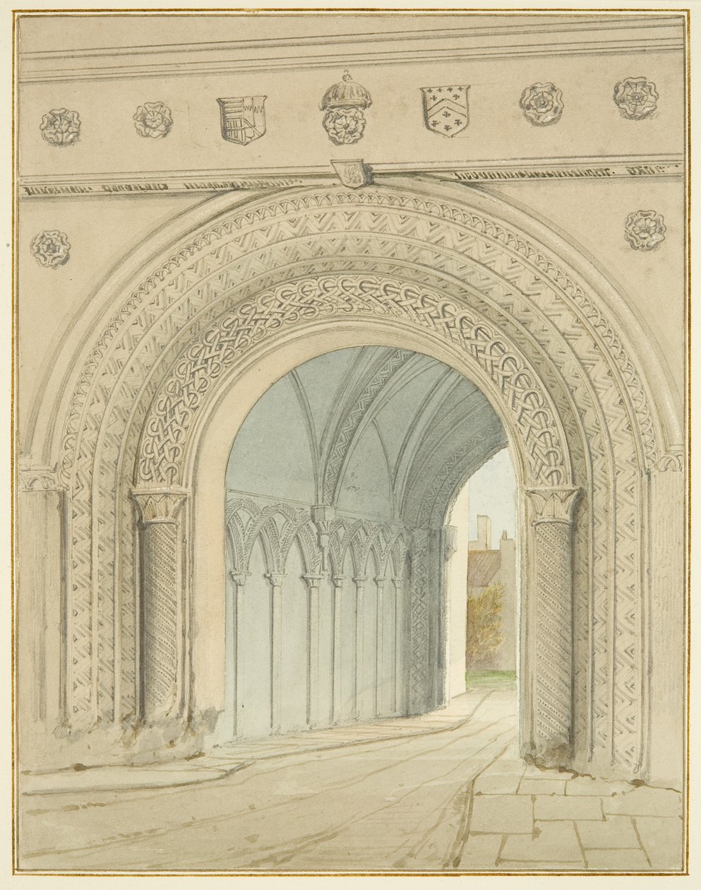 Severní pohled na oblouk College Gateway (tužka a akvarel na papíře) od Thomas Leeson the Elder Rowbotham