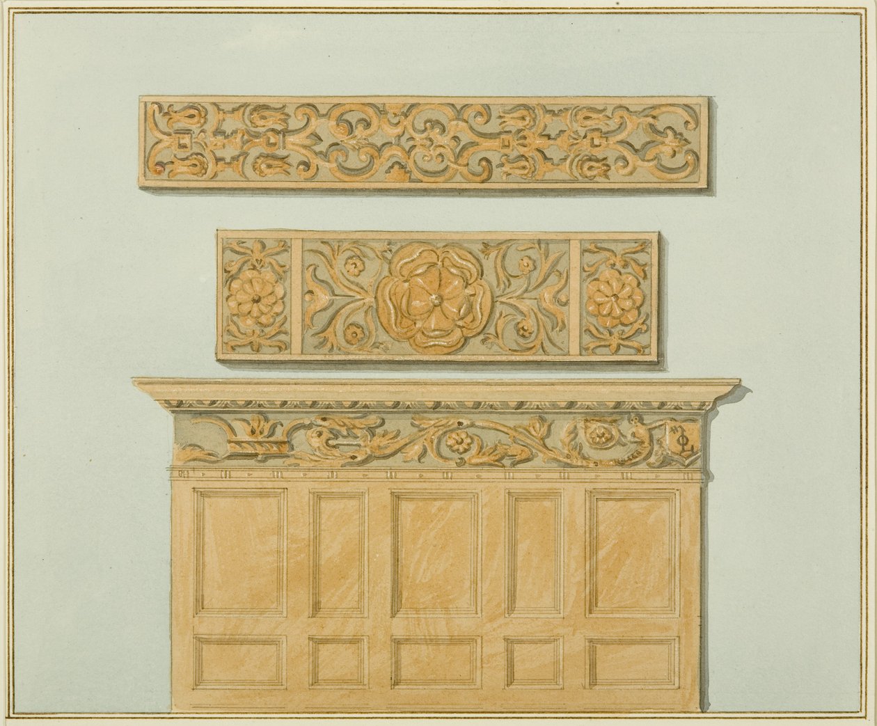 Části obložení a vlysu, v Langton Mansion, na zadní straně (akvarel na papíře) od Thomas Leeson the Elder Rowbotham