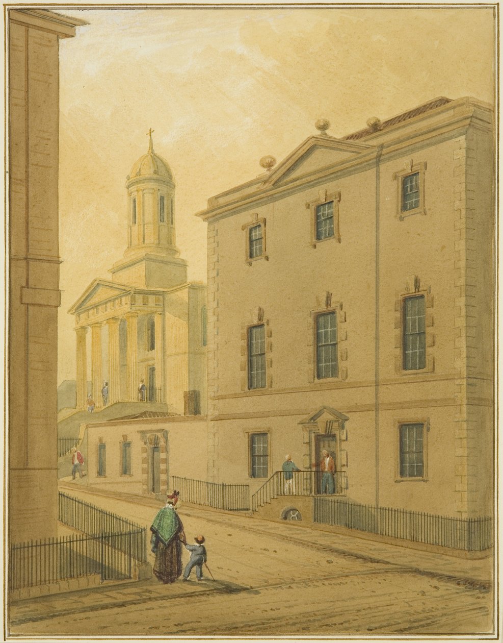 Kaple svatého Jiří, ukazující Great George Street, z rohu Park Street (akvarel na papíře) od Thomas Leeson the Elder Rowbotham