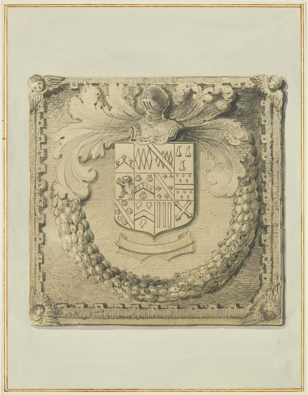 Kamenný erb nad severními dveřmi Barrova dvora od Thomas Leeson the Elder Rowbotham