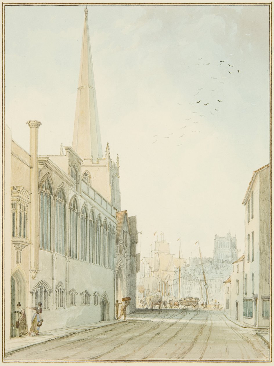 Kostel St John-on-the-Wall, při pohledu na Quay (akvarel na papíře) od Thomas Leeson the Elder Rowbotham