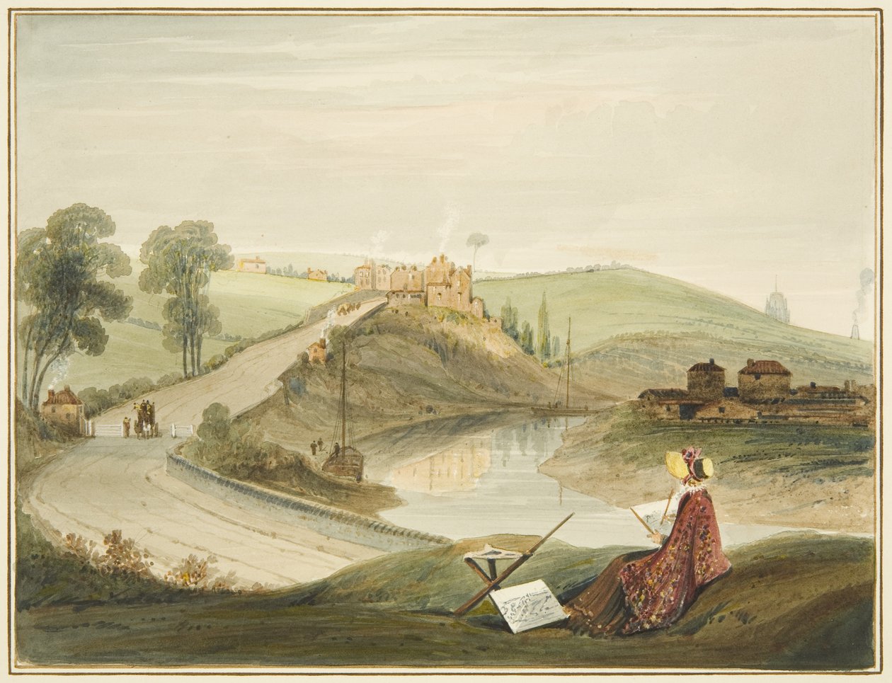 Totterdown a Pile Hill z Bath Road, ukazující Brislington Turnpike (s Miss Braikenridge? Sketching) od Thomas Leeson the Elder Rowbotham