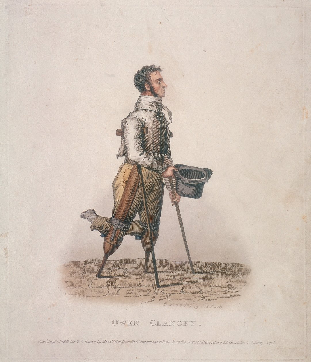 Owen Clancy, žebrající s kloboukem v ruce, o berlích a se zařízeními připevněnými k nohám, 1820 od Thomas Lord Busby