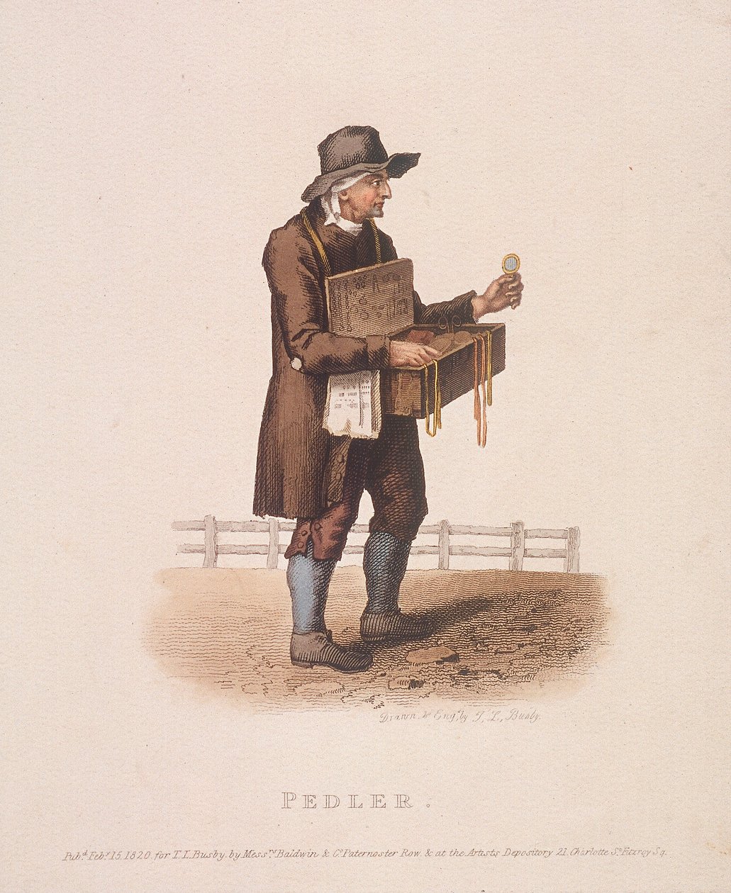 Pedlar s krabicí se zbožím zavěšenou na krku, 1820 od Thomas Lord Busby