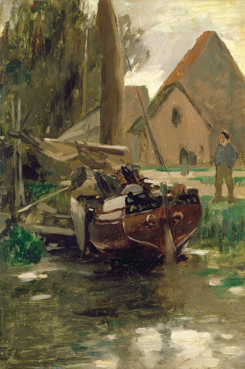 Malý přístav s lodí (olej na papíře položený na palubě) od Thomas Ludwig Herbst