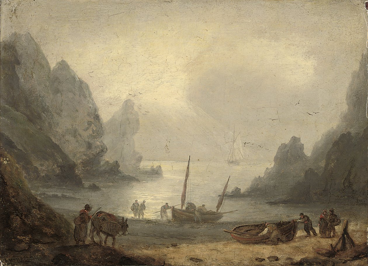 Zátoka Devonshire s rybáři vykládajícími své úlovky na pobřeží, kolem roku 1804 od Thomas Luny