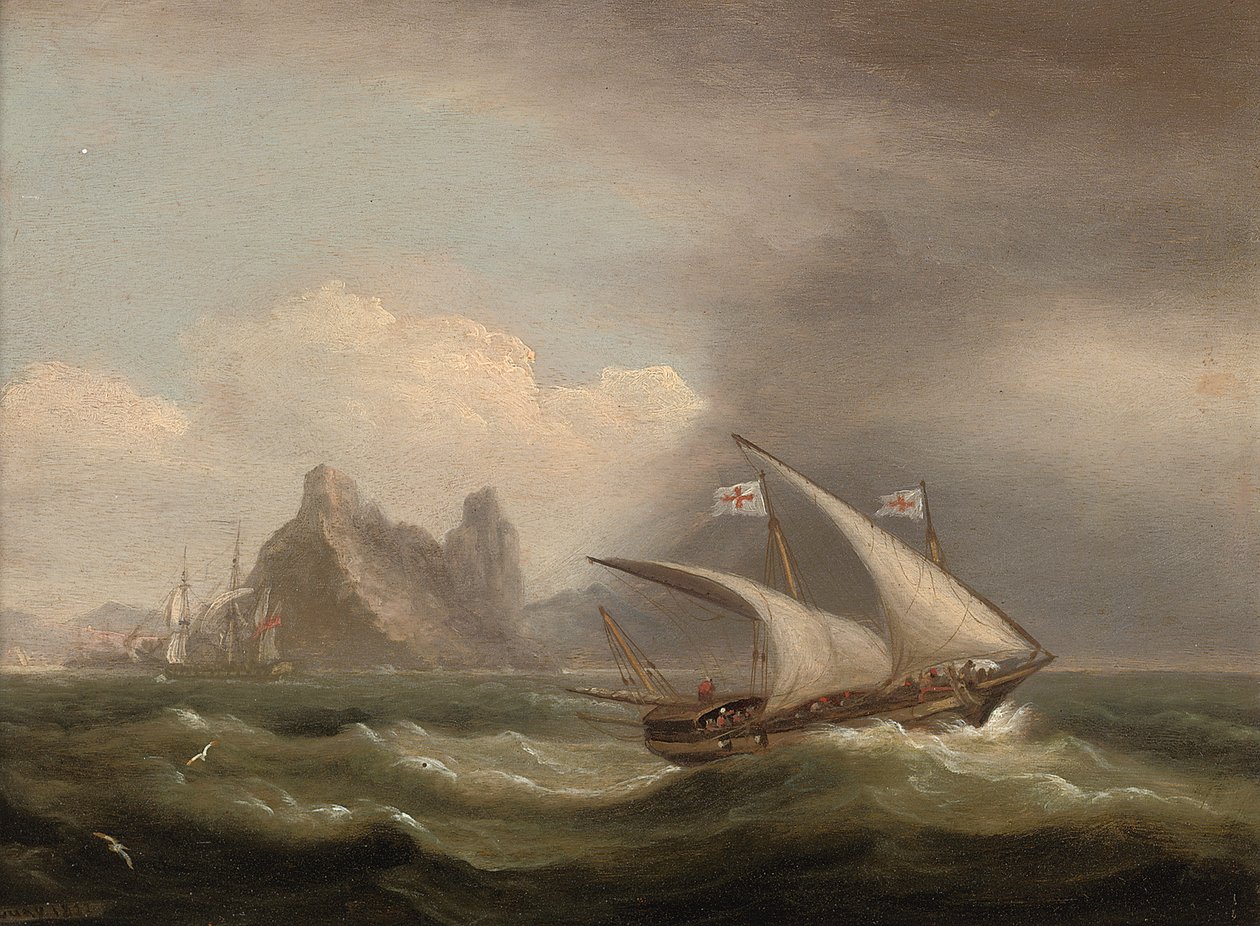 Ozbrojený Xebec ve Středozemním moři, britská fregata ze zádi a běžící kolem skalnatého pobřeží, 1822 od Thomas Luny