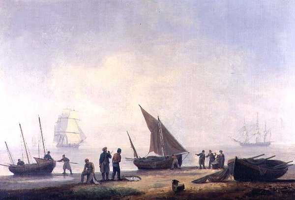 Fisherfolk na pláži, s plavidly na moři od Thomas Luny