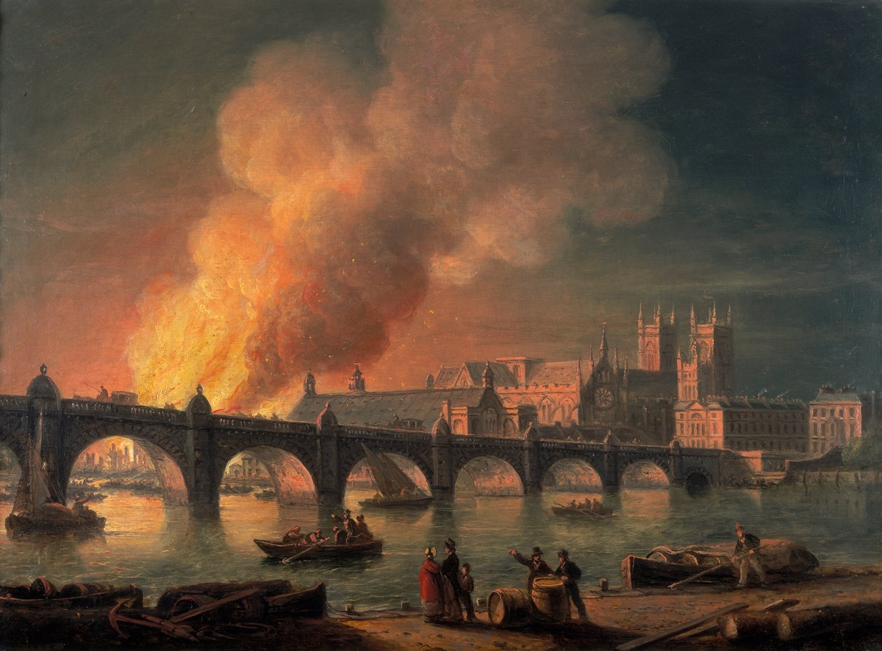 „Westminster Bridge a vypálení budov parlamentu z Lambeth“, 1835 od Thomas Luny