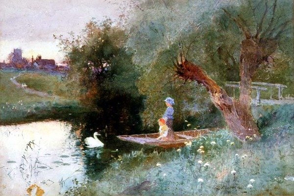 Děti ve večerním pramici (akvarel) od Thomas Mackay