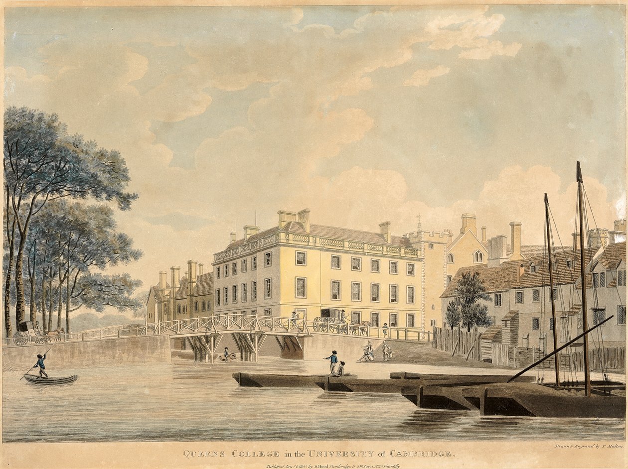 Queens College na University of Cambridge, hospoda 1800 (ručně barevná akvatinta) od Thomas Malton