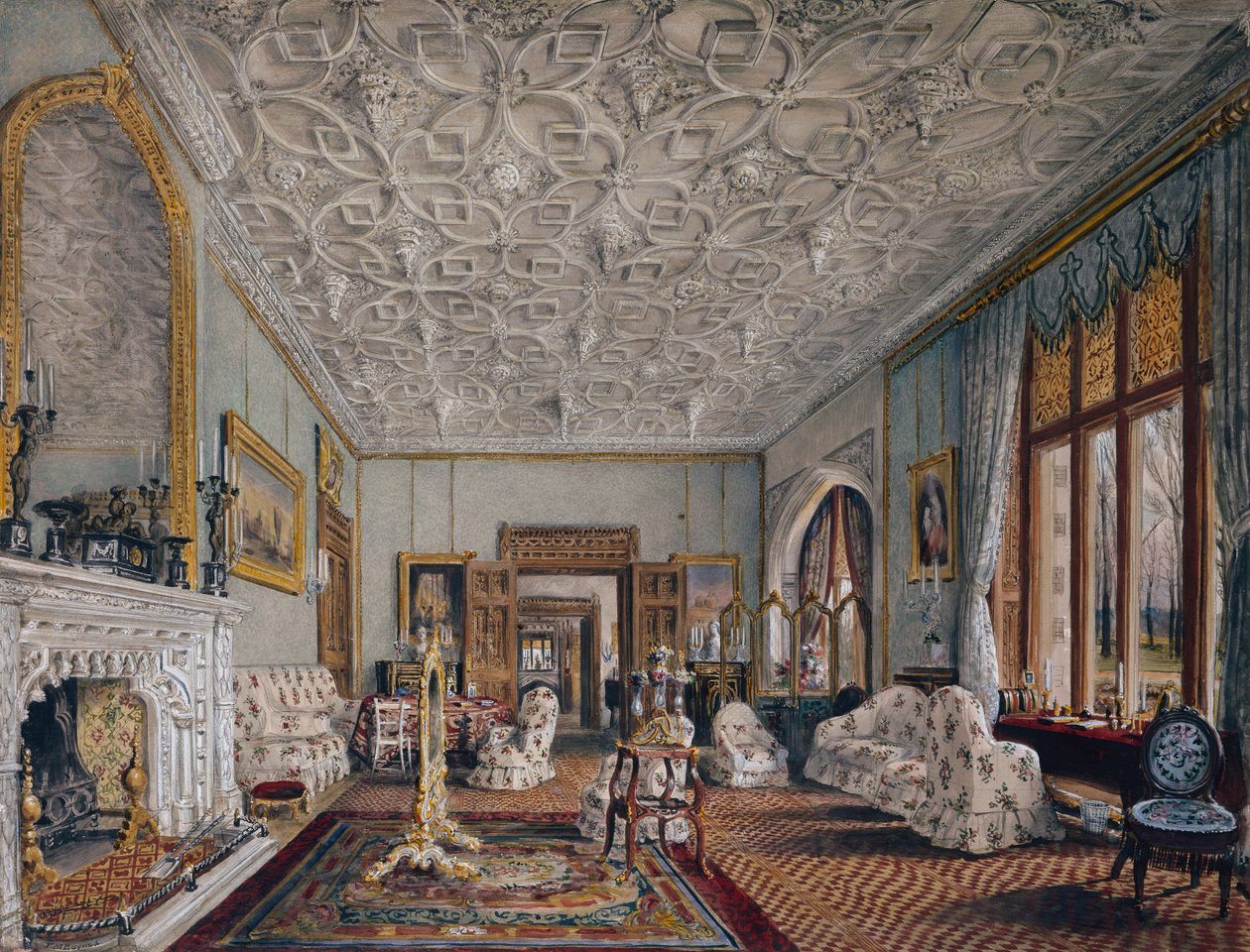 Přijímací pokoj v gotickém stylu, cca 1850 (akvarel) od Thomas Mann Baynes