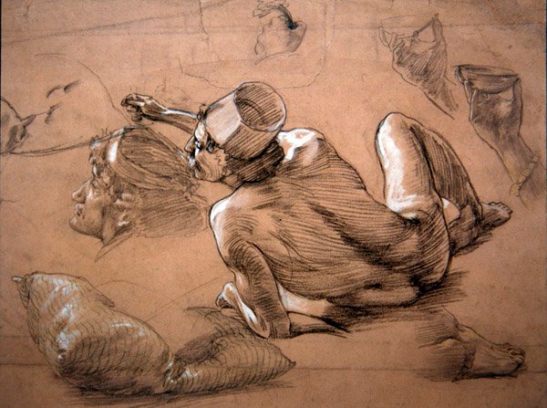 Ležící mužský akt, cca 1880 (tužka, černá křída a bílá tělová barva na papíře) od Thomas Matthews Rooke