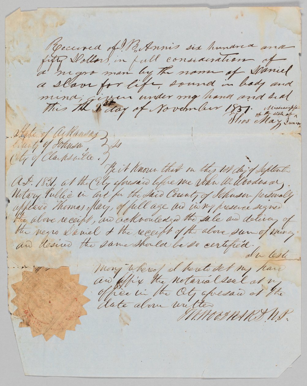 Kupní smlouva pro muže jménem Daniel Jerome B. Annisovi, 1. listopadu 1851. od Thomas May